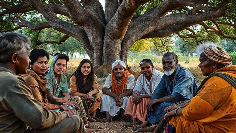 photorealistic, professional photography, 8K, cinematic lighting, sharp focus, depth of field, shot on a high-end DSLR. A diverse group of young volunteers (16-22 years old) sitting in a thoughtful discussion circle with local community elders under a large tree in a village. The expressions are serious and engaged, showing active listening and mutual respect. The lighting is warm and natural, highlighting the textures of their clothing and surroundings. The scene emphasizes dialogue and understanding rather than active labor. photorealistic, professional photography, 8K, cinematic lighting, sharp focus, depth of field, shot on a high-end DSLR. A diverse group of young volunteers (16-22 years old) sitting in a thoughtful discussion circle with local community elders under a large tree in a village. The expressions are serious and engaged, showing active listening and mutual respect. The lighting is warm and natural, highlighting the textures of their clothing and surroundings. The scene emphasizes dialogue and understanding rather than active labor.