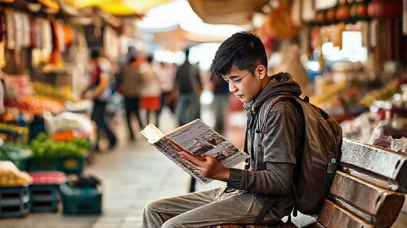 photorealistic, professional photography, 8K, cinematic lighting, sharp focus, depth of field, shot on a high-end DSLR. A young person (18-20 years old) with a backpack, sitting on a simple bench in a vibrant market, intently reading a local history book. The background is bustling with local activity, but the volunteer is focused on learning, symbolizing deep preparation and cultural immersion rather than superficial interaction. The lighting is bright and natural, reflecting an authentic learning experience. photorealistic, professional photography, 8K, cinematic lighting, sharp focus, depth of field, shot on a high-end DSLR. A young person (18-20 years old) with a backpack, sitting on a simple bench in a vibrant market, intently reading a local history book. The background is bustling with local activity, but the volunteer is focused on learning, symbolizing deep preparation and cultural immersion rather than superficial interaction. The lighting is bright and natural, reflecting an authentic learning experience.