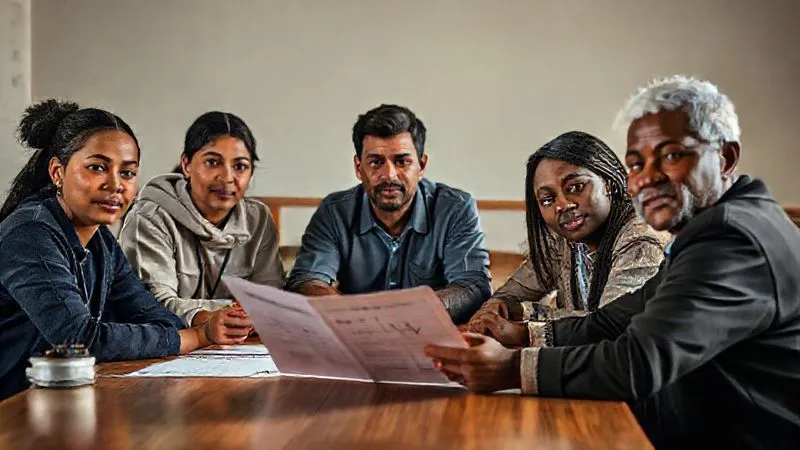 photorealistic, professional photography, 8K, cinematic lighting, sharp focus, depth of field, shot on a high-end DSLR. A diverse group of young volunteers and local community leaders sitting around a table, reviewing a document titled "Safeguarding Policy." Their expressions are serious and focused, indicating a shared commitment to protection. The scene is well-lit, professional, and emphasizes collaboration and accountability. photorealistic, professional photography, 8K, cinematic lighting, sharp focus, depth of field, shot on a high-end DSLR. A diverse group of young volunteers and local community leaders sitting around a table, reviewing a document titled "Safeguarding Policy." Their expressions are serious and focused, indicating a shared commitment to protection. The scene is well-lit, professional, and emphasizes collaboration and accountability.