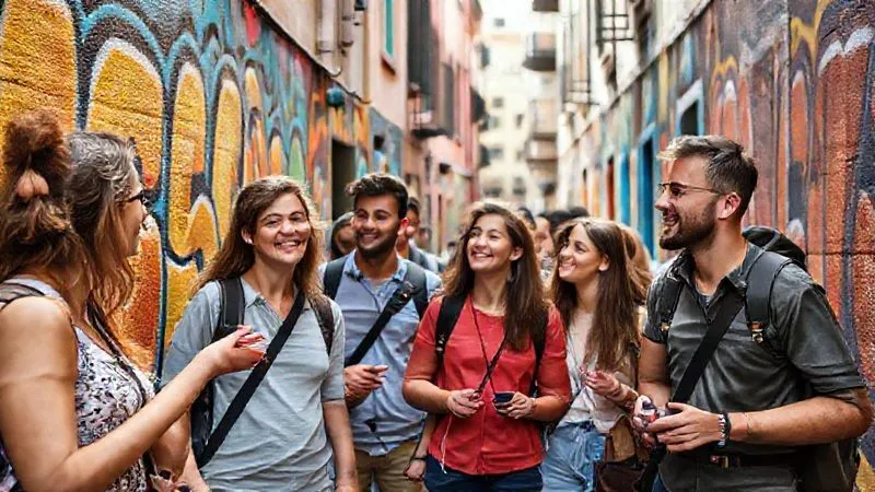 A diverse group of tourists on a 'street art and urban culture' walking tour, excitedly looking at a vibrant mural. The tour guide, a young, energetic local, points to details with a passionate expression. The scene is set in a colorful, lively urban alleyway, with unique architecture in the background. Photorealistic, professional photography, 8K, cinematic lighting, sharp focus, depth of field, shot on a high-end DSLR. A diverse group of tourists on a 'street art and urban culture' walking tour, excitedly looking at a vibrant mural. The tour guide, a young, energetic local, points to details with a passionate expression. The scene is set in a colorful, lively urban alleyway, with unique architecture in the background. Photorealistic, professional photography, 8K, cinematic lighting, sharp focus, depth of field, shot on a high-end DSLR.