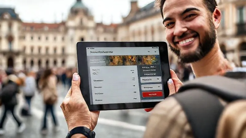 A modern, intuitive booking interface for a walking tour company displayed on a tablet held by a smiling, diverse tourist. The screen shows available tour slots, clear pricing for premium options, and options for reviews. In the background, a historic city square with blurred motion of people suggests a busy but organized operation. Photorealistic, professional photography, 8K, cinematic lighting, sharp focus, depth of field, shot on a high-end DSLR. A modern, intuitive booking interface for a walking tour company displayed on a tablet held by a smiling, diverse tourist. The screen shows available tour slots, clear pricing for premium options, and options for reviews. In the background, a historic city square with blurred motion of people suggests a busy but organized operation. Photorealistic, professional photography, 8K, cinematic lighting, sharp focus, depth of field, shot on a high-end DSLR.