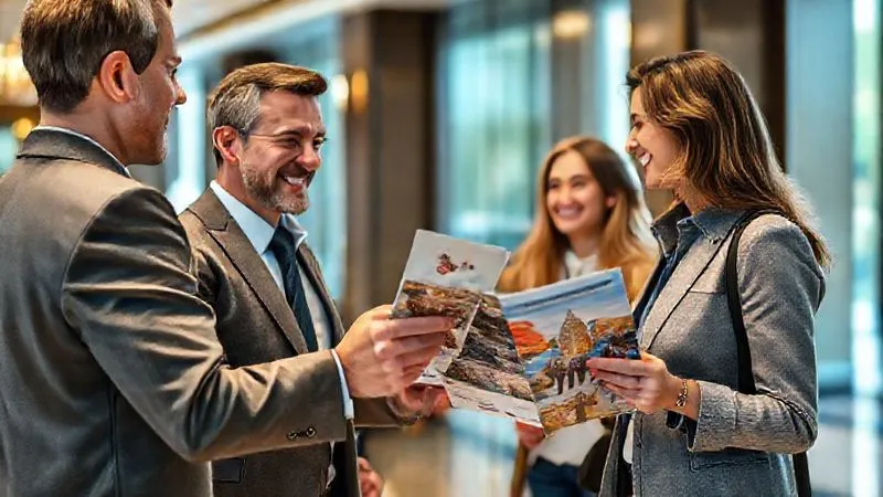 A friendly hotel concierge handing a map and a brochure for a walking tour to a smiling tourist couple in a stylish hotel lobby. The brochure prominently features the walking tour company's logo and a vibrant image of a tour. The scene is bright and welcoming, suggesting successful collaboration. Photorealistic, professional photography, 8K, cinematic lighting, sharp focus, depth of field, shot on a high-end DSLR. A friendly hotel concierge handing a map and a brochure for a walking tour to a smiling tourist couple in a stylish hotel lobby. The brochure prominently features the walking tour company's logo and a vibrant image of a tour. The scene is bright and welcoming, suggesting successful collaboration. Photorealistic, professional photography, 8K, cinematic lighting, sharp focus, depth of field, shot on a high-end DSLR.