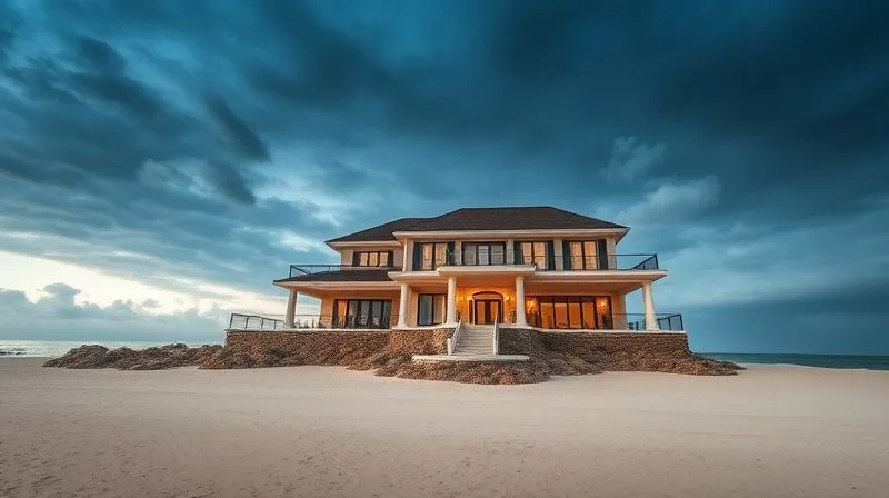 A photorealistic image of a beautiful beachfront villa with a visible high-tide mark on its foundation, implying rising sea levels, under a dramatic, slightly foreboding sky. Professional photography, 8K, cinematic lighting, sharp focus, depth of field, shot on a high-end DSLR. A photorealistic image of a beautiful beachfront villa with a visible high-tide mark on its foundation, implying rising sea levels, under a dramatic, slightly foreboding sky. Professional photography, 8K, cinematic lighting, sharp focus, depth of field, shot on a high-end DSLR.