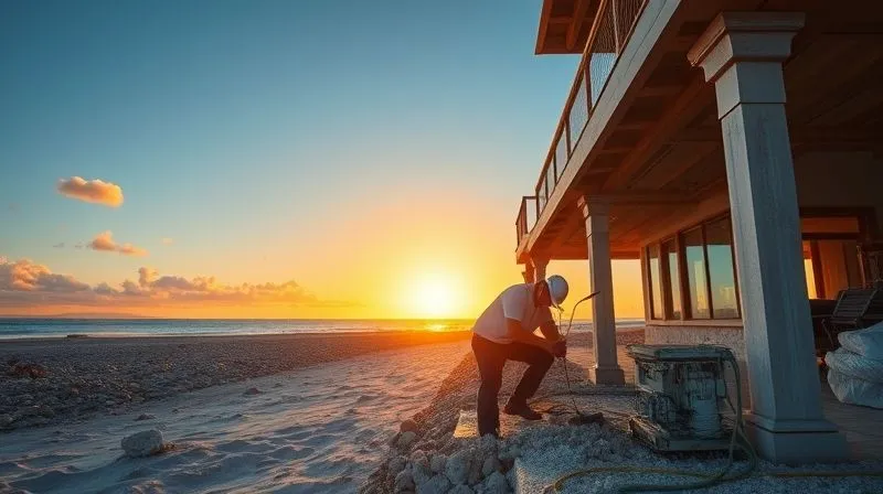 A photorealistic image depicting a professional inspecting the foundation of a beachfront villa, perhaps using specialized equipment, with visible signs of diligent maintenance and monitoring. The setting sun casts a warm, reassuring glow over the scene. Professional photography, 8K, cinematic lighting, sharp focus, depth of field, shot on a high-end DSLR. A photorealistic image depicting a professional inspecting the foundation of a beachfront villa, perhaps using specialized equipment, with visible signs of diligent maintenance and monitoring. The setting sun casts a warm, reassuring glow over the scene. Professional photography, 8K, cinematic lighting, sharp focus, depth of field, shot on a high-end DSLR.