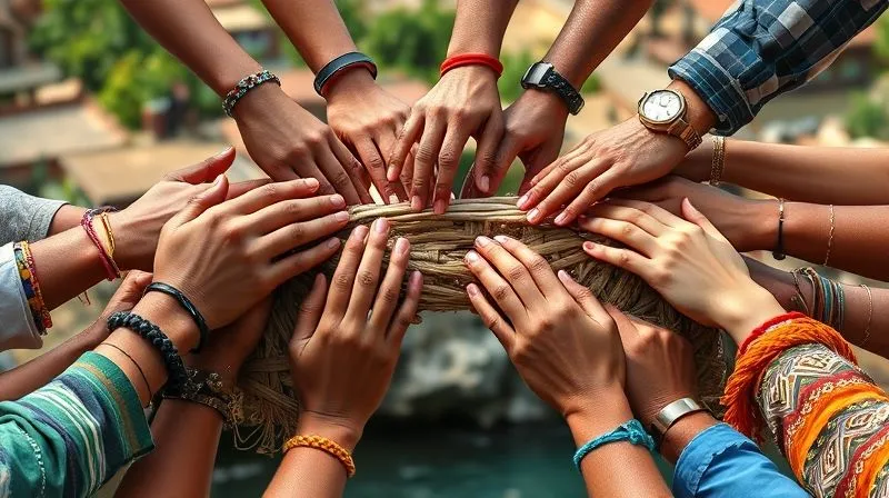 A photorealistic image of diverse hands (representing indigenous communities, tourists, and tourism operators) collaboratively building a stylized, intricate bridge made of natural materials, symbolizing ethical tourism and mutual respect, set against a backdrop of a vibrant cultural landscape, 8K, cinematic lighting, sharp focus. A photorealistic image of diverse hands (representing indigenous communities, tourists, and tourism operators) collaboratively building a stylized, intricate bridge made of natural materials, symbolizing ethical tourism and mutual respect, set against a backdrop of a vibrant cultural landscape, 8K, cinematic lighting, sharp focus.