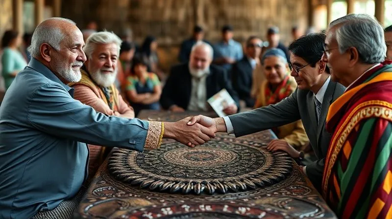 A photorealistic, professional photography, 8K, cinematic lighting, sharp focus, depth of field, shot on a high-end DSLR. A diverse group of people – an indigenous elder, a government official, a tourism executive, and an NGO representative – shaking hands around a traditional, intricately carved wooden table, symbolizing a collaborative partnership for cultural preservation and ethical tourism, with a vibrant, respectful indigenous community gathering blurred in the background. A photorealistic, professional photography, 8K, cinematic lighting, sharp focus, depth of field, shot on a high-end DSLR. A diverse group of people – an indigenous elder, a government official, a tourism executive, and an NGO representative – shaking hands around a traditional, intricately carved wooden table, symbolizing a collaborative partnership for cultural preservation and ethical tourism, with a vibrant, respectful indigenous community gathering blurred in the background.