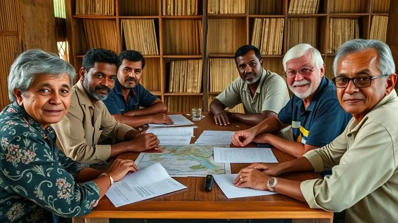 A photorealistic, professional photography, 8K, cinematic lighting, sharp focus, depth of field, shot on a high-end DSLR, depicting a diverse group of local community leaders, eco-tourism operators, and government representatives sitting around a table, engaged in a collaborative discussion, with documents and maps spread out. Their expressions are engaged and positive, symbolizing successful stakeholder collaboration and mutual trust. A photorealistic, professional photography, 8K, cinematic lighting, sharp focus, depth of field, shot on a high-end DSLR, depicting a diverse group of local community leaders, eco-tourism operators, and government representatives sitting around a table, engaged in a collaborative discussion, with documents and maps spread out. Their expressions are engaged and positive, symbolizing successful stakeholder collaboration and mutual trust.