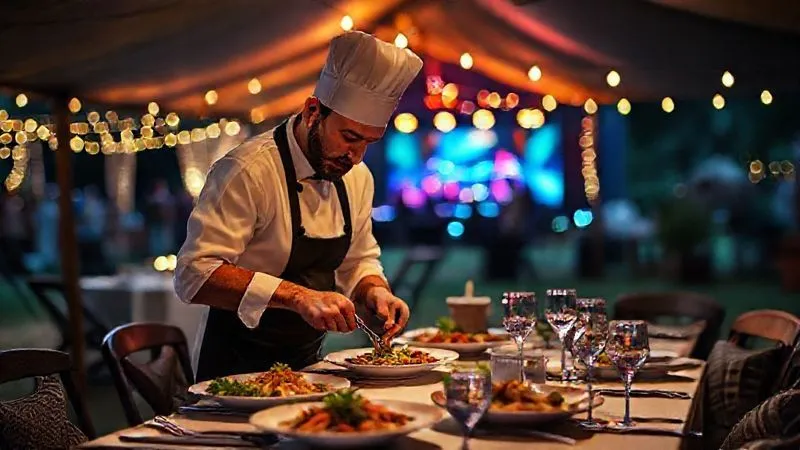 Photorealistic, professional photography, 8K, cinematic lighting, sharp focus on a private chef meticulously plating a gourmet meal within a beautifully appointed outdoor dining area, part of a luxury festival camping setup. The background features blurred, vibrant festival lights and music stages. Shot on a high-end DSLR, emphasizing personalized culinary excellence. Photorealistic, professional photography, 8K, cinematic lighting, sharp focus on a private chef meticulously plating a gourmet meal within a beautifully appointed outdoor dining area, part of a luxury festival camping setup. The background features blurred, vibrant festival lights and music stages. Shot on a high-end DSLR, emphasizing personalized culinary excellence.