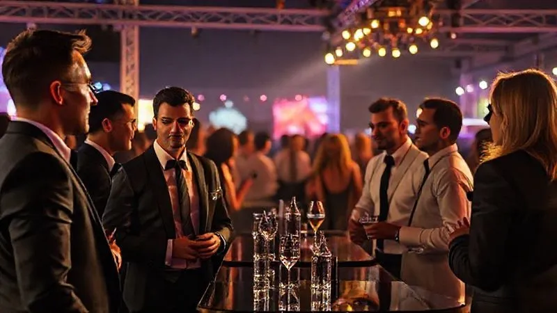 Photorealistic, professional photography, 8K, cinematic lighting, sharp focus on a team of impeccably dressed, discreet concierge staff attending to a group of sophisticated festival-goers in a designated luxury lounge area. The environment is calm and organized amidst the vibrant festival backdrop. Shot on a high-end DSLR, highlighting seamless, professional service. Photorealistic, professional photography, 8K, cinematic lighting, sharp focus on a team of impeccably dressed, discreet concierge staff attending to a group of sophisticated festival-goers in a designated luxury lounge area. The environment is calm and organized amidst the vibrant festival backdrop. Shot on a high-end DSLR, highlighting seamless, professional service.