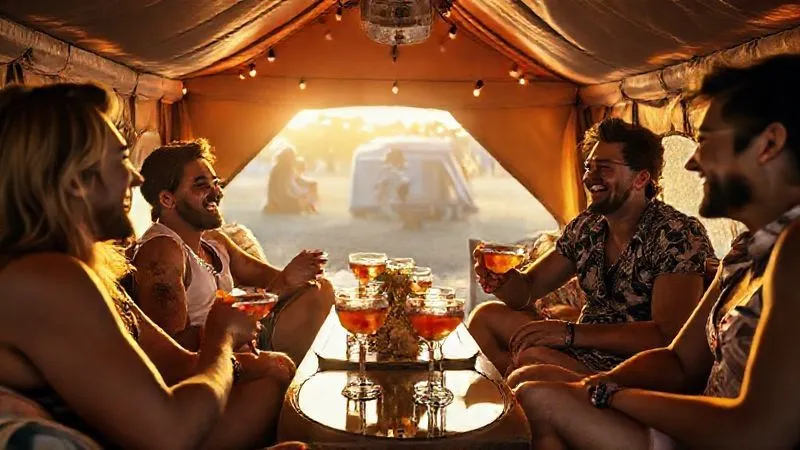 Photorealistic, professional photography, 8K, cinematic lighting, sharp focus on a group of high-paying clients relaxing in a lavish, private lounge area within a luxury festival campsite, laughing and enjoying bespoke cocktails. The scene exudes comfort, exclusivity, and joy, with subtle branding elements of a successful festival in the background. Shot on a high-end DSLR, capturing the essence of a premium, unforgettable experience. Photorealistic, professional photography, 8K, cinematic lighting, sharp focus on a group of high-paying clients relaxing in a lavish, private lounge area within a luxury festival campsite, laughing and enjoying bespoke cocktails. The scene exudes comfort, exclusivity, and joy, with subtle branding elements of a successful festival in the background. Shot on a high-end DSLR, capturing the essence of a premium, unforgettable experience.