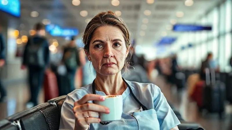 A photorealistic image of a professional caregiver sitting alone in a bustling airport lounge, looking slightly overwhelmed but also contemplative, perhaps with a half-finished cup of coffee. The focus is on her face and the subtle signs of fatigue, while the background is blurred with travelers and luggage, emphasizing her isolation amidst the crowd. cinematic lighting, 8K, sharp focus, depth of field, professional photography, shot on a high-end DSLR. A photorealistic image of a professional caregiver sitting alone in a bustling airport lounge, looking slightly overwhelmed but also contemplative, perhaps with a half-finished cup of coffee. The focus is on her face and the subtle signs of fatigue, while the background is blurred with travelers and luggage, emphasizing her isolation amidst the crowd. cinematic lighting, 8K, sharp focus, depth of field, professional photography, shot on a high-end DSLR.