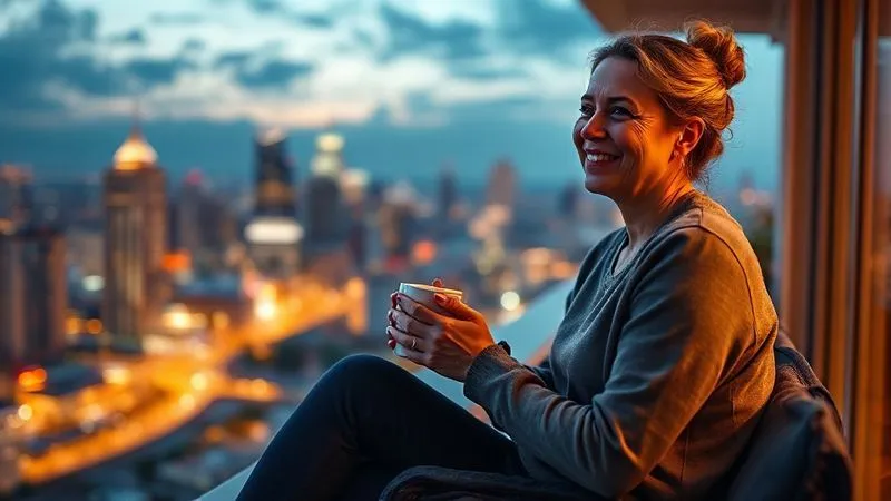 A photorealistic image of a professional caregiver sitting on a hotel balcony overlooking a beautiful city skyline at dusk. She is holding a warm mug, smiling faintly, and appears relaxed and at peace, enjoying a quiet moment of reflection. The focus is on her serene expression, with the city lights softly blurred in the background. professional photography, 8K, cinematic lighting, sharp focus, depth of field, shot on a high-end DSLR. A photorealistic image of a professional caregiver sitting on a hotel balcony overlooking a beautiful city skyline at dusk. She is holding a warm mug, smiling faintly, and appears relaxed and at peace, enjoying a quiet moment of reflection. The focus is on her serene expression, with the city lights softly blurred in the background. professional photography, 8K, cinematic lighting, sharp focus, depth of field, shot on a high-end DSLR.