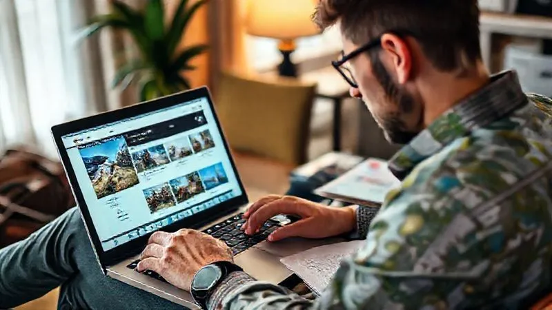A professional traveler meticulously researching on a laptop, multiple browser tabs open, focusing on an attraction's website with accessibility icons, surrounded by travel guides and notes. Photorealistic, 8K, cinematic lighting, sharp focus on the screen, depth of field. Shot on a high-end DSLR.
