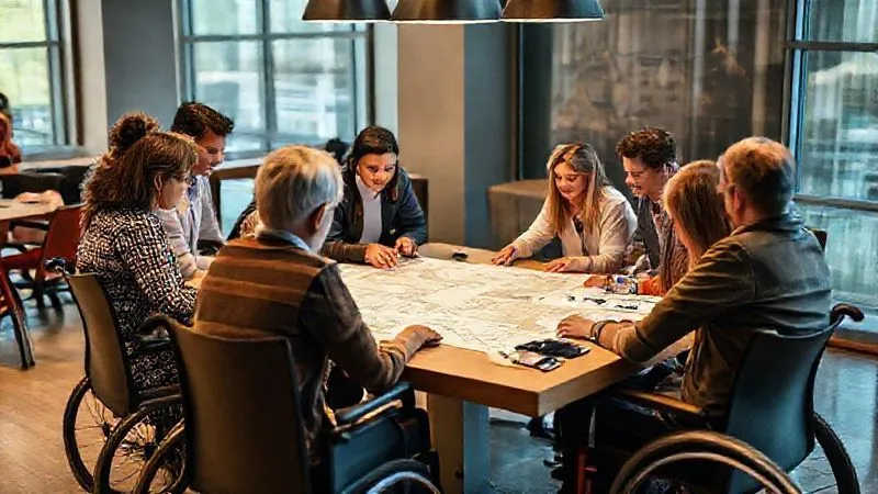 A diverse group of travel professionals, including individuals with disabilities, collaborating around a large table, reviewing accessibility blueprints and digital maps. The atmosphere is engaged and innovative, with a focus on inclusive design. Photorealistic, 8K, cinematic lighting, sharp focus on their interaction, depth of field. Shot on a high-end DSLR.