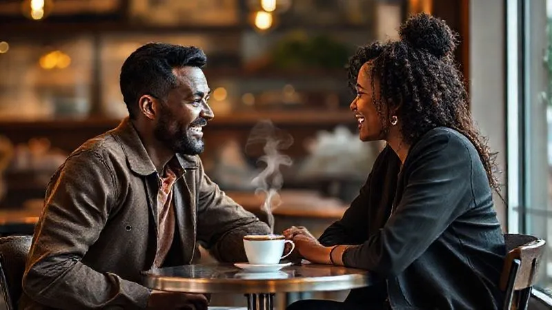 A photorealistic, professional photography, 8K, cinematic lighting, sharp focus, depth of field, shot on a high-end DSLR. Two diverse individuals, one male and one female, sitting opposite each other at a small cafe table, engaged in a deep, genuine conversation. Their body language is open and relaxed, with warm smiles. A steaming cup of coffee sits between them. The background is softly blurred, emphasizing their connection. A photorealistic, professional photography, 8K, cinematic lighting, sharp focus, depth of field, shot on a high-end DSLR. Two diverse individuals, one male and one female, sitting opposite each other at a small cafe table, engaged in a deep, genuine conversation. Their body language is open and relaxed, with warm smiles. A steaming cup of coffee sits between them. The background is softly blurred, emphasizing their connection.