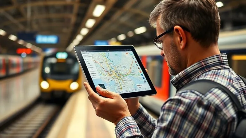 photorealistic, professional photography, 8K, cinematic lighting, sharp focus, depth of field, shot on a high-end DSLR. A person intently studying a detailed digital train station map on a tablet, with a blurred background of a modern train station concourse, suggesting preparedness amidst travel chaos. photorealistic, professional photography, 8K, cinematic lighting, sharp focus, depth of field, shot on a high-end DSLR. A person intently studying a detailed digital train station map on a tablet, with a blurred background of a modern train station concourse, suggesting preparedness amidst travel chaos.