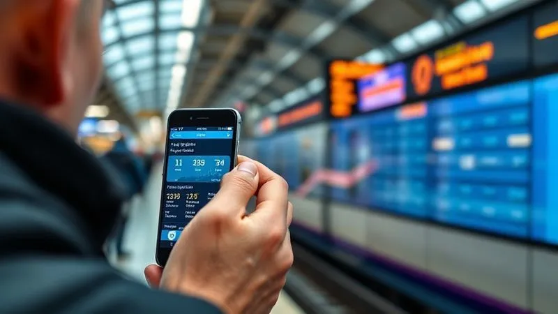 photorealistic, professional photography, 8K, cinematic lighting, sharp focus, depth of field, shot on a high-end DSLR. A close-up shot of a smartphone screen displaying a real-time train departure app with platform numbers, held by a traveler's hand, with the blurred background of a busy train station concourse and a large digital departure board in the distance. photorealistic, professional photography, 8K, cinematic lighting, sharp focus, depth of field, shot on a high-end DSLR. A close-up shot of a smartphone screen displaying a real-time train departure app with platform numbers, held by a traveler's hand, with the blurred background of a busy train station concourse and a large digital departure board in the distance.