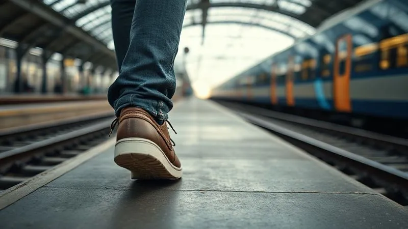 photorealistic, professional photography, 8K, cinematic lighting, sharp focus, depth of field, shot on a high-end DSLR. A close-up of a traveler's comfortable, well-worn walking shoes on a train station platform, with a blurred background of train tracks and a departing train, symbolizing readiness for movement and journey. photorealistic, professional photography, 8K, cinematic lighting, sharp focus, depth of field, shot on a high-end DSLR. A close-up of a traveler's comfortable, well-worn walking shoes on a train station platform, with a blurred background of train tracks and a departing train, symbolizing readiness for movement and journey.