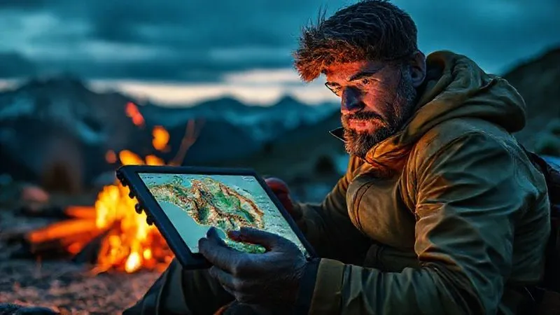 Photorealistic, professional photography, 8K, cinematic lighting, sharp focus, depth of field, shot on a high-end DSLR. A person with a serious, focused expression, wearing outdoor gear, sitting by a campfire at dusk, intently researching potential wild camping spots on a rugged tablet, with a detailed topographical map displayed on the screen, mountains in the background, conveying preparation and digital expertise.