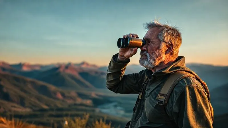 Photorealistic, professional photography, 8K, cinematic lighting, sharp focus, depth of field, shot on a high-end DSLR. A seasoned wild camper, mid-40s, with a weathered face and keen eyes, standing on a slight ridge, scanning the distant landscape with high-powered binoculars at golden hour, looking for a suitable camping spot, mountains and a valley below, conveying expert observation and strategic planning.