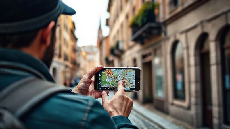 photorealistic, professional photography, 8K, cinematic lighting, sharp focus, depth of field, shot on a high-end DSLR, a traveler using a smartphone with a city map app open, navigating a charming cobblestone street in an old European city, ancient buildings and a distant cathedral spire in the background, bright daylight. photorealistic, professional photography, 8K, cinematic lighting, sharp focus, depth of field, shot on a high-end DSLR, a traveler using a smartphone with a city map app open, navigating a charming cobblestone street in an old European city, ancient buildings and a distant cathedral spire in the background, bright daylight.