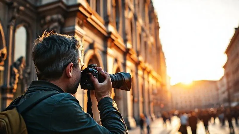photorealistic, professional photography, 8K, cinematic lighting, sharp focus, depth of field, shot on a high-end DSLR, a traveler with a professional camera taking a photo of a stunning, ornate architectural facade in a historic European city, golden hour light, blurred background of a bustling square. photorealistic, professional photography, 8K, cinematic lighting, sharp focus, depth of field, shot on a high-end DSLR, a traveler with a professional camera taking a photo of a stunning, ornate architectural facade in a historic European city, golden hour light, blurred background of a bustling square.
