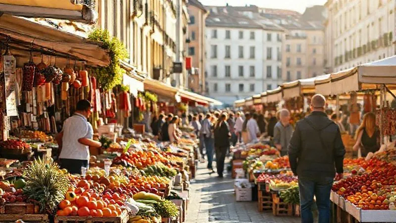 photorealistic, professional photography, 8K, cinematic lighting, sharp focus, depth of field, shot on a high-end DSLR, a bustling open-air market in a vibrant European city, colorful fresh produce and local crafts displayed, people mingling and chatting, warm sunlight, a sense of authentic local life. photorealistic, professional photography, 8K, cinematic lighting, sharp focus, depth of field, shot on a high-end DSLR, a bustling open-air market in a vibrant European city, colorful fresh produce and local crafts displayed, people mingling and chatting, warm sunlight, a sense of authentic local life.