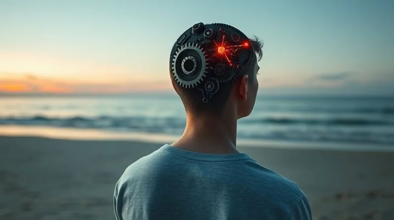 A photorealistic, professional photography, 8K, cinematic lighting, sharp focus, depth of field, shot on a high-end DSLR. A person's head depicted with subtle, abstract gears and glowing data streams inside, while their body sits on a tranquil beach, looking somewhat distracted or stressed amidst the natural beauty. The contrast highlights the internal struggle.