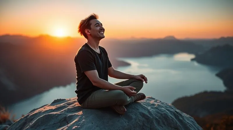 A photorealistic, professional photography, 8K, cinematic lighting, sharp focus, depth of field, shot on a high-end DSLR. A person sits cross-legged on a large, smooth rock overlooking a vast, serene lake reflecting majestic mountains at sunset. Their eyes are closed, a gentle smile on their face, embodying deep peace and connection with nature. Warm, golden light bathes the scene.