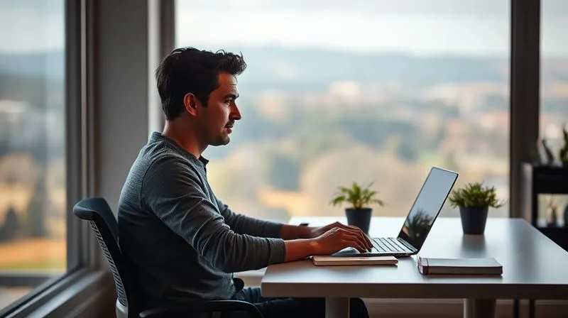 A photorealistic, professional photography, 8K, cinematic lighting, sharp focus, depth of field, shot on a high-end DSLR. A person is calmly seated at a modern, minimalist desk in a home office, a small potted plant and a journal beside their laptop. Through a large window, a serene, blurred natural landscape is visible, suggesting a harmonious blend of work and peace. The person looks focused yet relaxed.