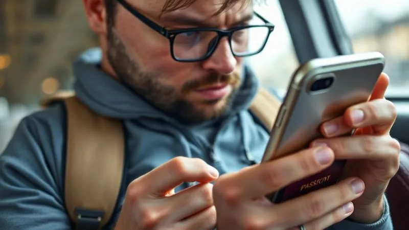 A close-up, photorealistic image of a traveler looking stressed while checking a phone with a 'border closed' notification, with a passport and map nearby, cinematic lighting, 8K hyper-detailed. A close-up, photorealistic image of a traveler looking stressed while checking a phone with a 'border closed' notification, with a passport and map nearby, cinematic lighting, 8K hyper-detailed.