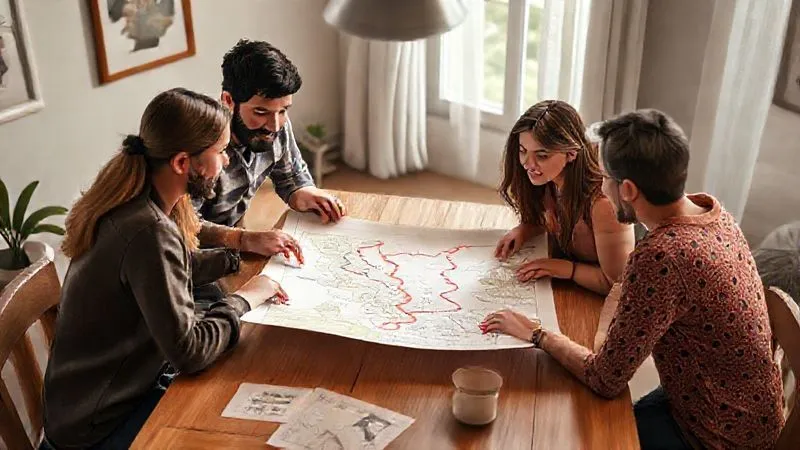 A photorealistic image of a group of friends or family members gathered around a table, animatedly discussing a large paper map, with one person pointing to a newly drawn route, conveying collaboration and problem-solving, cinematic lighting, 8K hyper-detailed. A photorealistic image of a group of friends or family members gathered around a table, animatedly discussing a large paper map, with one person pointing to a newly drawn route, conveying collaboration and problem-solving, cinematic lighting, 8K hyper-detailed.