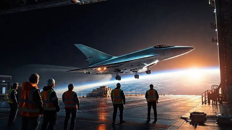 A photorealistic image of a sleek, modern commercial spacecraft gracefully taking off from a futuristic spaceport, observed by a small group of highly professional, safety-vested engineers and independent auditors. The scene conveys confidence, precision, and controlled operations. Cinematic lighting, sharp focus on the spacecraft and observers, depth of field blurring the distant horizon, 8K hyper-detailed, professional photography, shot on a high-end DSLR. A photorealistic image of a sleek, modern commercial spacecraft gracefully taking off from a futuristic spaceport, observed by a small group of highly professional, safety-vested engineers and independent auditors. The scene conveys confidence, precision, and controlled operations. Cinematic lighting, sharp focus on the spacecraft and observers, depth of field blurring the distant horizon, 8K hyper-detailed, professional photography, shot on a high-end DSLR.