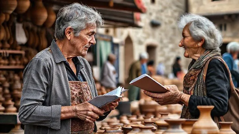 Photorealistic, professional photography, 8K, cinematic lighting, sharp focus, depth of field, shot on a high-end DSLR. A seasoned travel advisor, dressed in smart casual attire, engages in a warm, respectful conversation with a local artisan, an older woman with weathered hands, selling handmade pottery at a bustling yet authentic coastal town market. The advisor is genuinely listening, notebook in hand, absorbing local insights. The background shows vibrant market stalls and ancient stone buildings, conveying cultural immersion. Photorealistic, professional photography, 8K, cinematic lighting, sharp focus, depth of field, shot on a high-end DSLR. A seasoned travel advisor, dressed in smart casual attire, engages in a warm, respectful conversation with a local artisan, an older woman with weathered hands, selling handmade pottery at a bustling yet authentic coastal town market. The advisor is genuinely listening, notebook in hand, absorbing local insights. The background shows vibrant market stalls and ancient stone buildings, conveying cultural immersion.