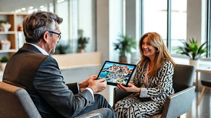 Photorealistic, professional photography, 8K, cinematic lighting, sharp focus, depth of field, shot on a high-end DSLR. A professional travel advisor, dressed in business casual, sits across from a smiling couple in a bright, modern office. The advisor is holding a tablet, showing them authentic, non-stock photos and short videos of a serene, less-known coastal village, including images of local life, unique architecture, and untouched natural beauty, rather than typical tourist attractions. The clients look engaged and excited. Photorealistic, professional photography, 8K, cinematic lighting, sharp focus, depth of field, shot on a high-end DSLR. A professional travel advisor, dressed in business casual, sits across from a smiling couple in a bright, modern office. The advisor is holding a tablet, showing them authentic, non-stock photos and short videos of a serene, less-known coastal village, including images of local life, unique architecture, and untouched natural beauty, rather than typical tourist attractions. The clients look engaged and excited.