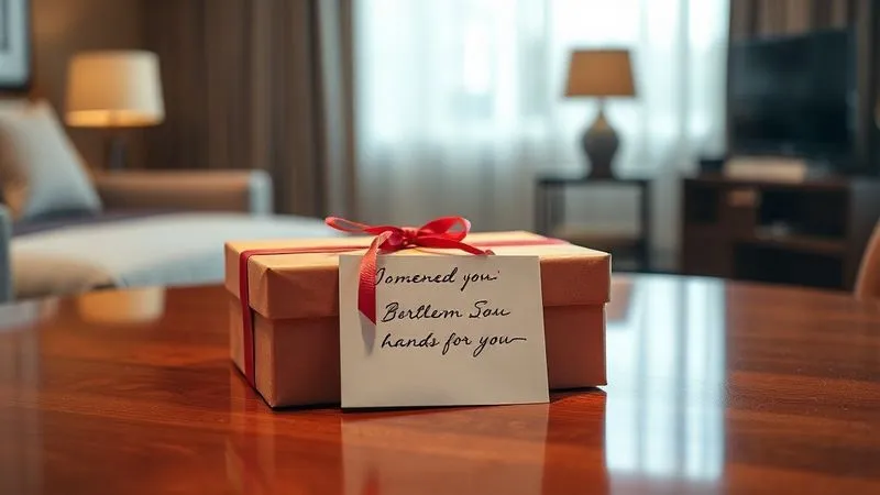 Photorealistic, professional photography, 8K, cinematic lighting, sharp focus, depth of field. A beautifully wrapped, elegant gift box with a subtle ribbon, placed on a polished mahogany table in a luxurious setting. A handwritten, personalized card is propped against it, with a blurred background of a high-end hotel suite. The lighting is soft and inviting, emphasizing thoughtfulness and exclusivity. Photorealistic, professional photography, 8K, cinematic lighting, sharp focus, depth of field. A beautifully wrapped, elegant gift box with a subtle ribbon, placed on a polished mahogany table in a luxurious setting. A handwritten, personalized card is propped against it, with a blurred background of a high-end hotel suite. The lighting is soft and inviting, emphasizing thoughtfulness and exclusivity.