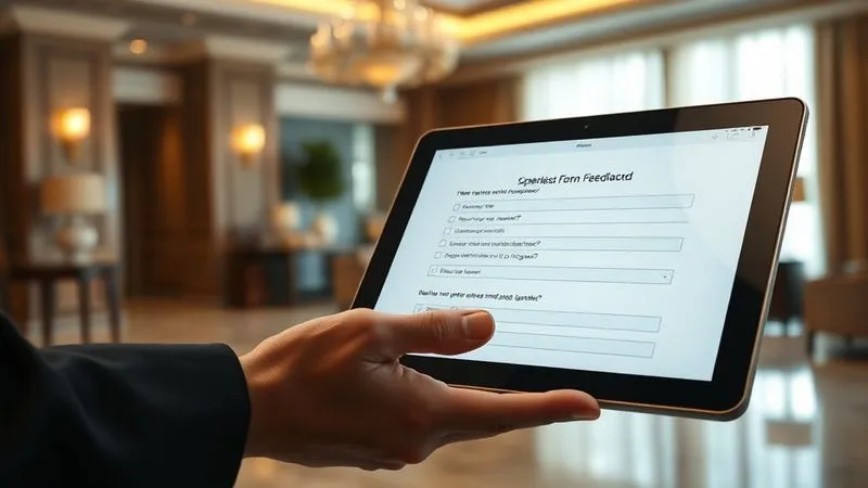 Photorealistic, professional photography, 8K, cinematic lighting, sharp focus, depth of field. A high-end tablet displaying a clean, elegant feedback form with open-ended questions, held gently by a discerning hand. The background shows a soft-focus, luxurious hotel lobby, suggesting a seamless and private feedback experience. The lighting highlights the screen, emphasizing clarity and importance. Photorealistic, professional photography, 8K, cinematic lighting, sharp focus, depth of field. A high-end tablet displaying a clean, elegant feedback form with open-ended questions, held gently by a discerning hand. The background shows a soft-focus, luxurious hotel lobby, suggesting a seamless and private feedback experience. The lighting highlights the screen, emphasizing clarity and importance.