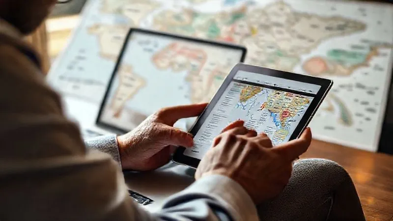 A photorealistic, professional photography, 8K, cinematic lighting, sharp focus, depth of field, shot on a high-end DSLR image showing a person meticulously cross-referencing reviews and travel guides on a laptop and tablet, with a map of a gourmet destination subtly in the background. The scene conveys diligent research and planning for a luxury food trip. A photorealistic, professional photography, 8K, cinematic lighting, sharp focus, depth of field, shot on a high-end DSLR image showing a person meticulously cross-referencing reviews and travel guides on a laptop and tablet, with a map of a gourmet destination subtly in the background. The scene conveys diligent research and planning for a luxury food trip.