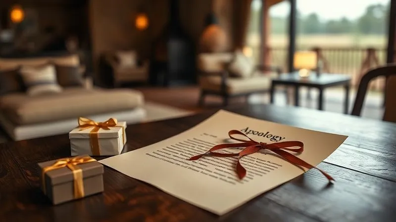 A photorealistic, professional photography, 8K image of a meticulously crafted, elegant apology letter with a hand-tied ribbon, placed on a dark wood table next to a small, thoughtful gift box. Cinematic lighting illuminates the texture of the paper and the gift, sharp focus on the details, depth of field blurring a luxurious safari lodge interior in the background, conveying personalized care and reconciliation.
