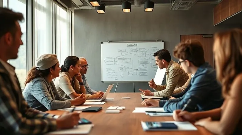 A photorealistic, professional photography, 8K image of a diverse team of safari professionals (guides, lodge managers, operations staff) engaged in a collaborative brainstorming session around a large table. They are looking at a whiteboard filled with flowcharts and notes, discussing service improvement strategies. Cinematic lighting, sharp focus on their faces and the whiteboard, depth of field softly blurring the modern conference room, conveying problem-solving and proactive learning.