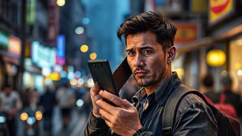 A person looking distressed but determined, holding a smartphone and trying to make a call, standing on a bustling foreign street with blurred background, cinematic lighting, photorealistic, professional photography, 8K, sharp focus. A person looking distressed but determined, holding a smartphone and trying to make a call, standing on a bustling foreign street with blurred background, cinematic lighting, photorealistic, professional photography, 8K, sharp focus.