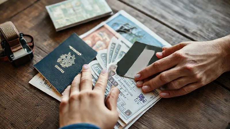 A close-up of hands carefully organizing travel documents, including a passport, local currency, and a travel insurance card, on a rustic wooden table under soft, natural light, photorealistic, professional photography, 8K, sharp focus. A close-up of hands carefully organizing travel documents, including a passport, local currency, and a travel insurance card, on a rustic wooden table under soft, natural light, photorealistic, professional photography, 8K, sharp focus.