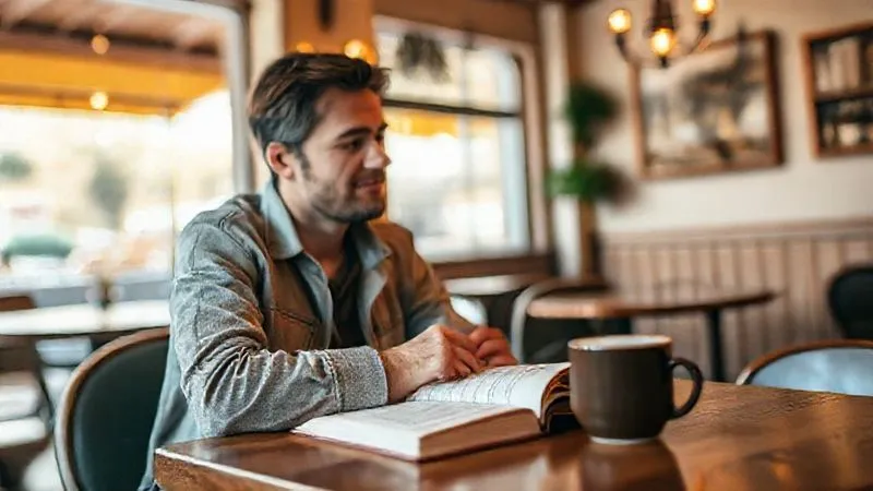 A person journaling in a cozy cafe, looking calm and reflective, with a travel journal open on the table and a cup of coffee. Warm, soft lighting, photorealistic, professional photography, 8K, sharp focus. A person journaling in a cozy cafe, looking calm and reflective, with a travel journal open on the table and a cup of coffee. Warm, soft lighting, photorealistic, professional photography, 8K, sharp focus.