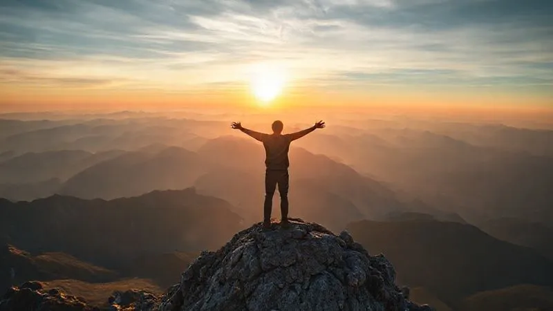 A person standing confidently on a mountain peak at sunrise, arms outstretched, symbolizing triumph and resilience after overcoming challenges, with a vast, breathtaking landscape stretching below. Photorealistic, professional photography, 8K, cinematic lighting, sharp focus on the person, depth of field blurring the distant mountains, shot on a high-end DSLR. A person standing confidently on a mountain peak at sunrise, arms outstretched, symbolizing triumph and resilience after overcoming challenges, with a vast, breathtaking landscape stretching below. Photorealistic, professional photography, 8K, cinematic lighting, sharp focus on the person, depth of field blurring the distant mountains, shot on a high-end DSLR.