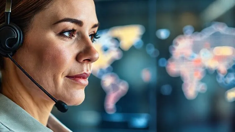 photorealistic, professional photography, 8K, cinematic lighting, sharp focus, depth of field, shot on a high-end DSLR, a calm, empathetic customer service representative speaking on a headset, with a blurred background showing travel itineraries and a world map, symbolizing supportive communication during travel disruptions. Close-up on the representative's face.