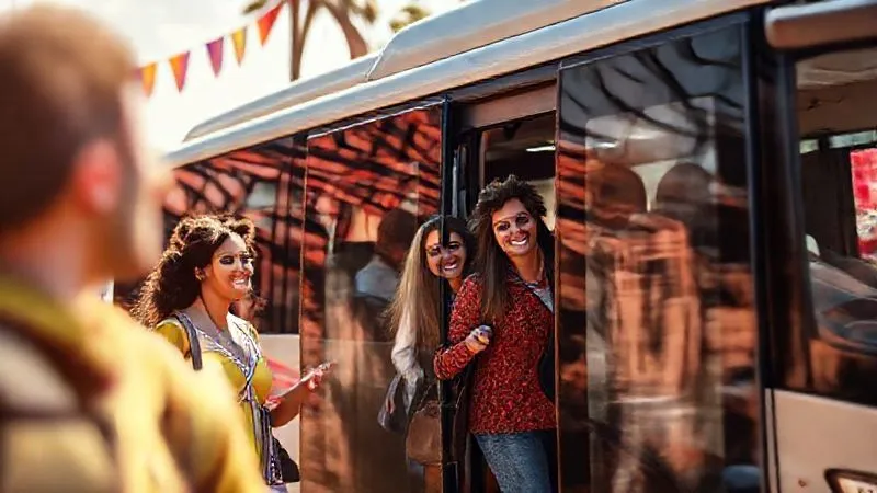 photorealistic, professional photography, 8K, cinematic lighting, sharp focus, depth of field, shot on a high-end DSLR, a diverse group of happy travelers excitedly boarding a modern, branded tour bus, with a blurred backdrop of a vibrant, sunny festival entrance. The bus is clearly branded with a trusted travel company logo, symbolizing renewed confidence and successful future bookings.