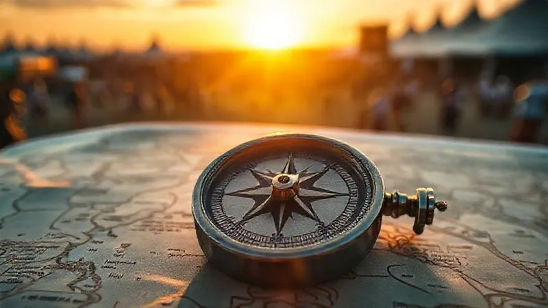 photorealistic, professional photography, 8K, cinematic lighting, sharp focus, depth of field, shot on a high-end DSLR, a sunrise casting golden light over a beautifully restored, antique compass pointing North, resting on a weathered map with a faint outline of a festival ground in the background. The compass symbolizes clear direction and future planning after a period of uncertainty, conveying hope and strategic guidance for travel businesses.