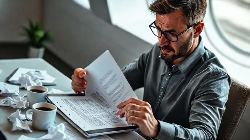 photorealistic, professional photography, 8K, cinematic lighting, sharp focus, depth of field, shot on a high-end DSLR. A person intently scrutinizing a complex airline policy document on a tablet, surrounded by coffee cups and crumpled papers, a look of concentration and slight frustration on their face. The background is a modern, minimalist desk setting. Emotionally resonant, showing the challenge of navigating fine print. photorealistic, professional photography, 8K, cinematic lighting, sharp focus, depth of field, shot on a high-end DSLR. A person intently scrutinizing a complex airline policy document on a tablet, surrounded by coffee cups and crumpled papers, a look of concentration and slight frustration on their face. The background is a modern, minimalist desk setting. Emotionally resonant, showing the challenge of navigating fine print.