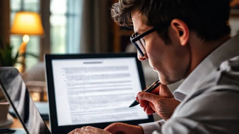photorealistic, professional photography, 8K, cinematic lighting, sharp focus, depth of field, shot on a high-end DSLR. A person with reading glasses, intensely focused on a laptop screen displaying a dense legal document or 'Terms and Conditions' page, highlighting text with a digital pen. The background is a cozy, well-lit home office, conveying diligence and preparedness. Emotionally resonant, showing the importance of attention to detail. photorealistic, professional photography, 8K, cinematic lighting, sharp focus, depth of field, shot on a high-end DSLR. A person with reading glasses, intensely focused on a laptop screen displaying a dense legal document or 'Terms and Conditions' page, highlighting text with a digital pen. The background is a cozy, well-lit home office, conveying diligence and preparedness. Emotionally resonant, showing the importance of attention to detail.