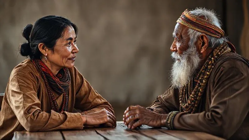 A photorealistic close-up of two people, one appearing as a tourism representative and the other an indigenous elder, sitting across from each other at a simple wooden table. Their expressions convey earnest listening and respectful communication. Soft, natural light illuminates their faces, highlighting sincerity. The background is slightly blurred, suggesting a quiet, private setting. Professional photography, 8K, cinematic lighting, sharp focus, depth of field, shot on a high-end DSLR.